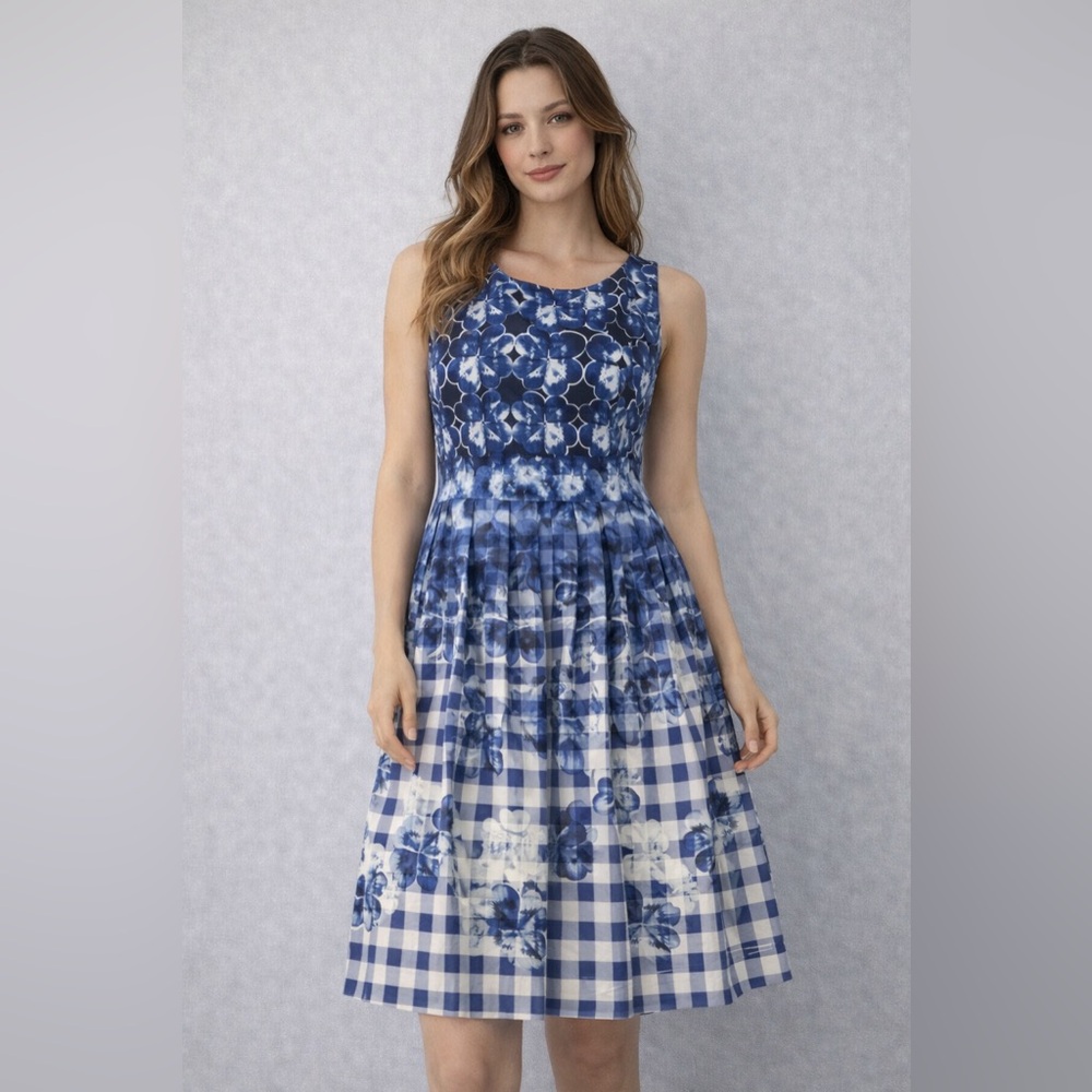 Talbots Petite 4P Blue Floral Gingham Fit Flare Midi Dress - Picture 1 of 12